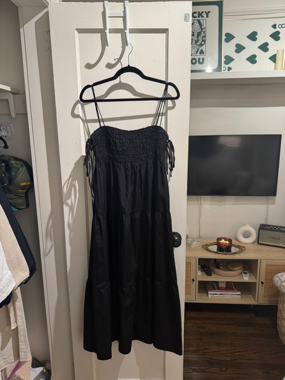 Zara Black Smocked Midi Dress with Tie Straps